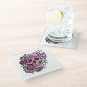 Lila Totenkopf mit Rosen Goth-Design Glasuntersetzer