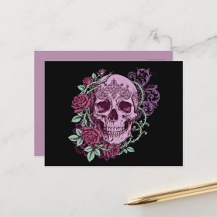 Lila Totenkopf mit Rosen Goth-Design Postkarte