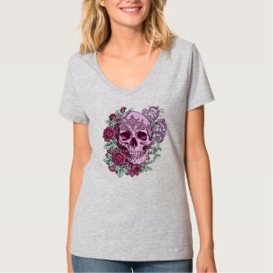 Lila Totenkopf mit Rosen Goth-Design T-Shirt