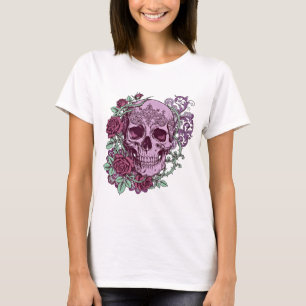 Lila Totenkopf mit Rosen Goth-Design T-Shirt