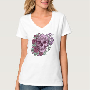 Lila Totenkopf mit Rosen Goth Design T-Shirt