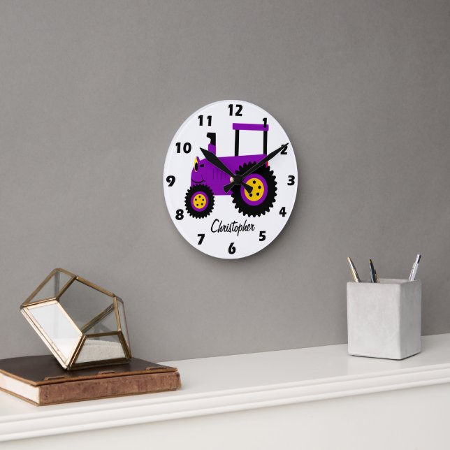 Lila Traktor Design Personalisiert Runde Wanduhr (Büro)