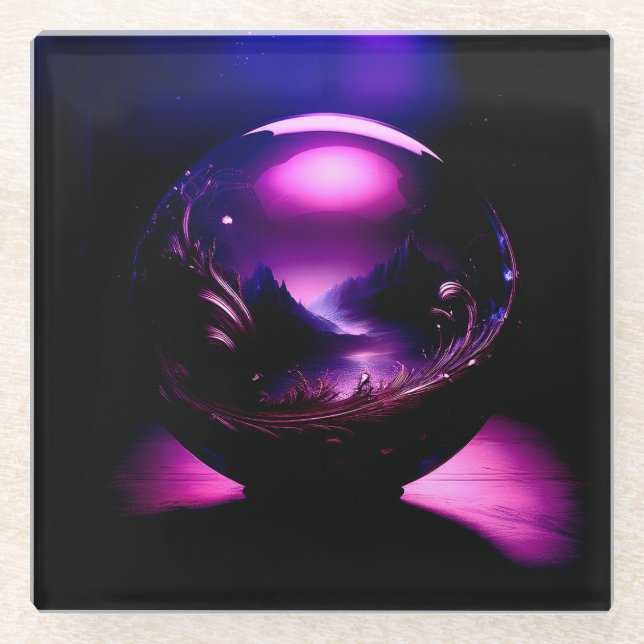 Lila, transparenter Globe mit Berglandschaft Glasuntersetzer (Vorderseite)