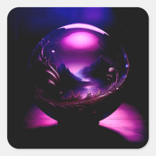 Lila, transparenter Globe mit Berglandschaft Quadratischer Aufkleber
