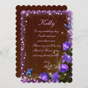 Lila Trauzeugin aus dunklem Holz Einladung