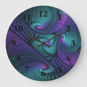 Lila trifft Türkis moderne abstrakte Fraktal-Kunst Große Wanduhr