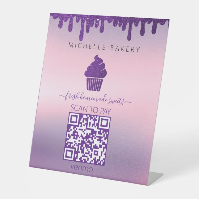 Lila Tropfen Bakery Shop QR CODE Zahlung Sockelschild (Vorderseite)