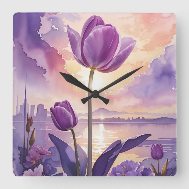 Lila Tulip Quadratische Wanduhr (Vorderseite)