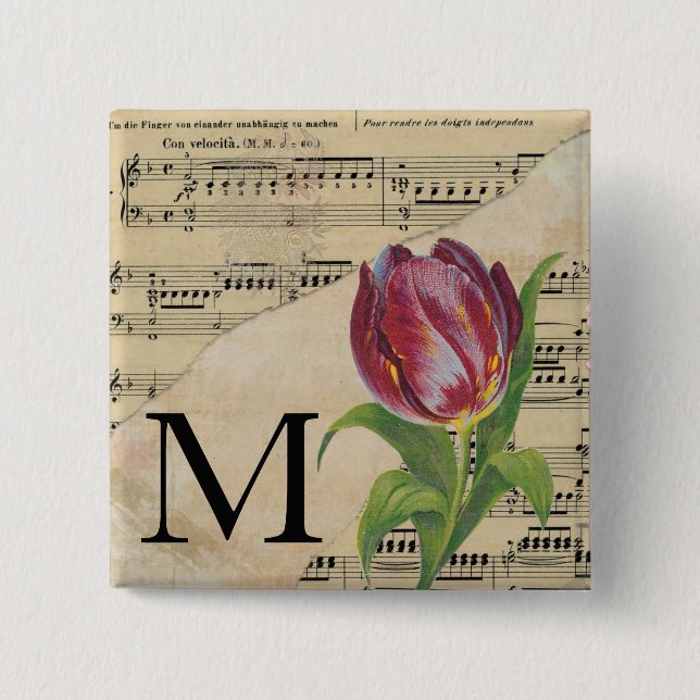 Lila Tulip Sheet Music Monogram Initial Button (Vorderseite)