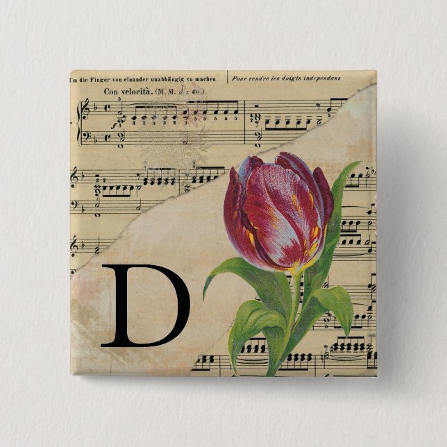 Lila Tulip Sheet Music Monogram Initial D Button (Vorderseite)