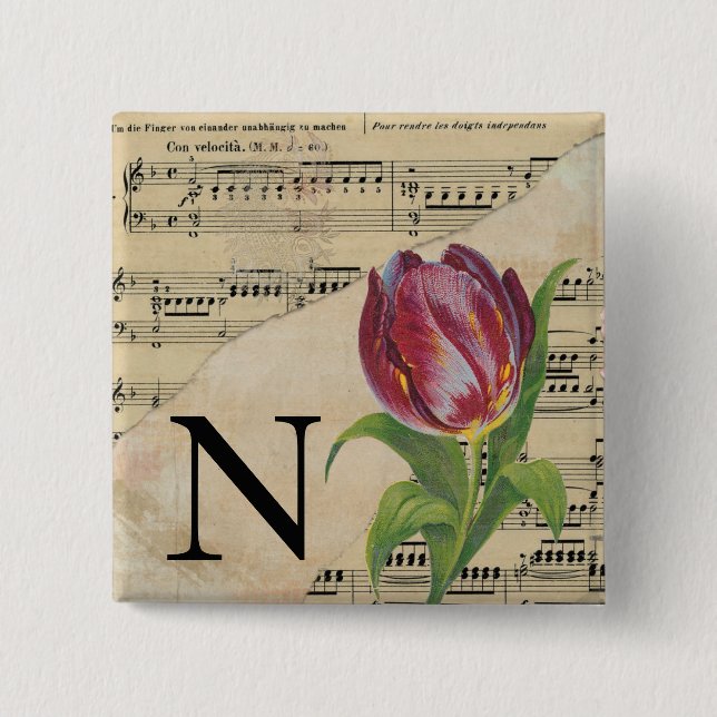 Lila Tulip Sheet Music Monogram Initial N Button (Vorderseite)
