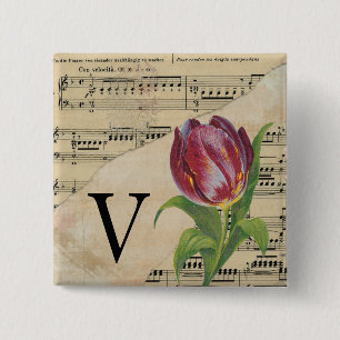 Lila Tulip Sheet Music Monogram Initial V Button
