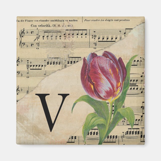 Lila Tulip Sheet Music Monogram Initial V Magnet (Vorne)