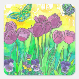 Lila Tulip Stiefmütterchen Aquarellfarben Blume Quadratischer Aufkleber