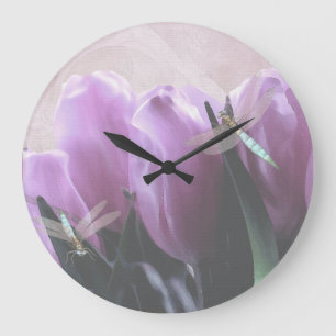 Lila Tulips Aqua Dragonflies Große Wanduhr