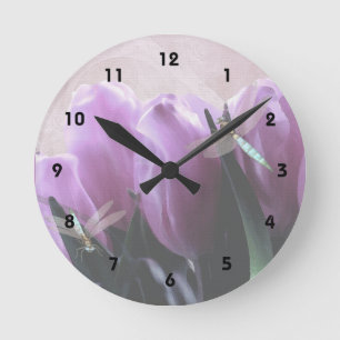 Lila Tulips Aqua Dragonflies - nummeriert Runde Wanduhr