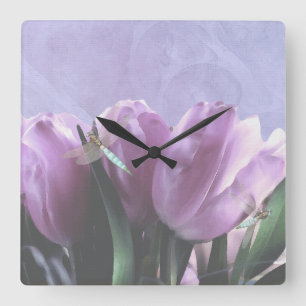 Lila Tulips Aqua Dragonflies Quadratische Wanduhr