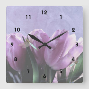 Lila Tulips Aqua Dragonflies - Zahlen Quadratische Wanduhr