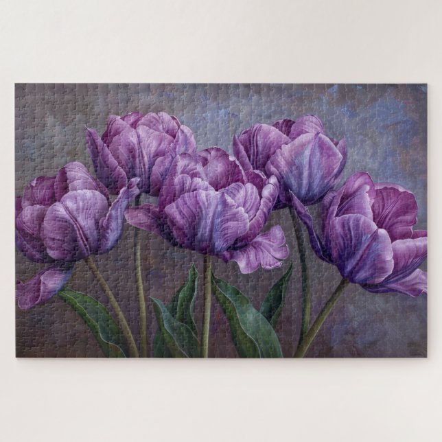 Lila Tulips botanische Ölgemälde Puzzle (Horizontal)