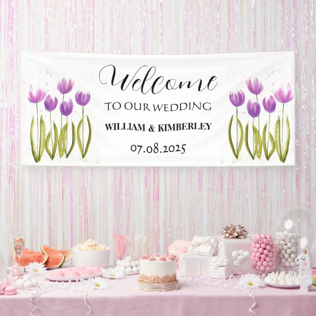 Lila Tulips Frühlingsflora Rustikale Hochzeit Banner (Party)