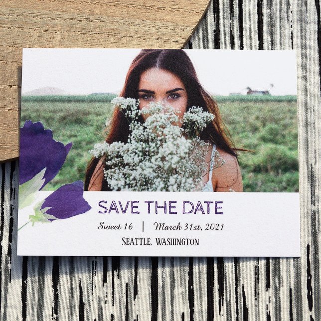 Lila Tulips Sweet 16 Save the Date Karte (Purple sweet 16 save the date postcard, purple tulips with purple stripes)
