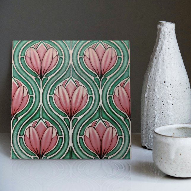 Lila Tulips Symmetrisches Muster Art Nouveau Fliese (Von Creator hochgeladen)