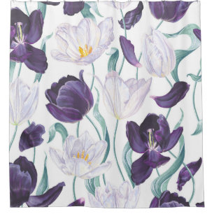 Lila Tulips: Weißer Vintager Realismus. Duschvorhang