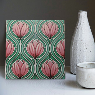 Lila Tulpen Symmetrisches Muster Art Nouveau Fliese