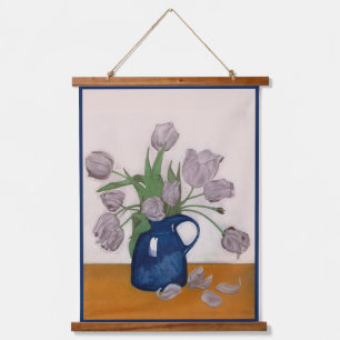 Lila Tulpenblumen in Vasen-Vintage-Kunst Wandteppich Mit Holzrahmen