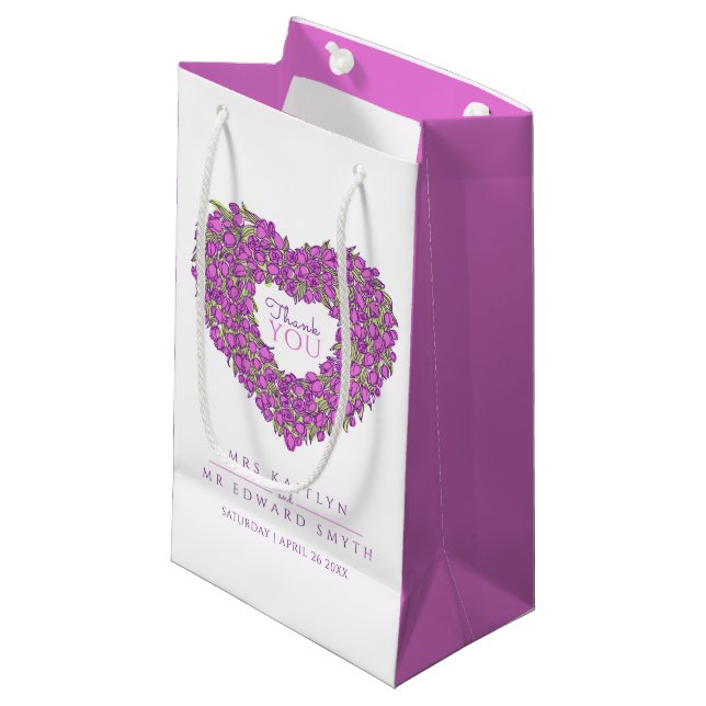 Lila Tulpenherz-Kunst danke Gastgeschenk Hochzeit Kleine Geschenktüte (Vorderseite Schrägansicht)