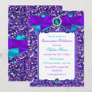 Lila Türkis Blau Glitter Juwel Bogen Quinceanera Einladung