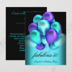 Lila Türkis Fabelhafte Schwarze Luftballons Party Einladung