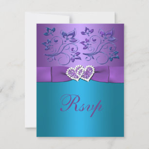 Lila, Türkis Florale Herzen Monogramm Hochzeit RSV RSVP Karte