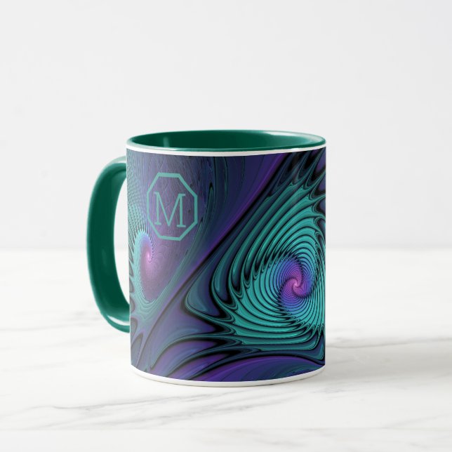 Lila Türkis modernes abstraktes Fraktal Monogram Tasse (Vorderseite Links)
