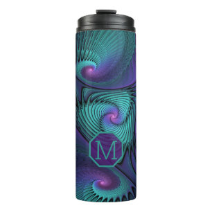 Lila Türkis modernes abstraktes Fraktal Monogram Thermosbecher
