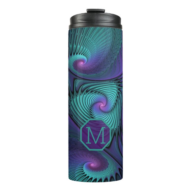 Lila Türkis modernes abstraktes Fraktal Monogram Thermosbecher (Vorderseite)