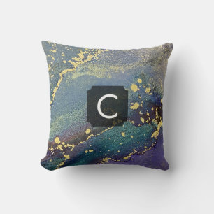 Lila-, Türkis- und Gold-Flüssigkunst-Monogramm Kissen