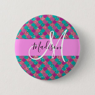 Lila Türkisblume Glitzer Glitzern Monogram Button