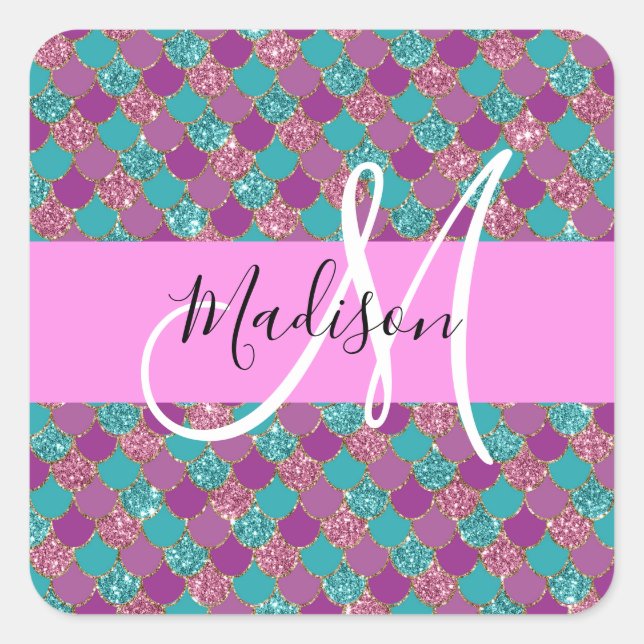 Lila Türkisblume Glitzer Glitzern Monogram Quadratischer Aufkleber (Vorderseite)