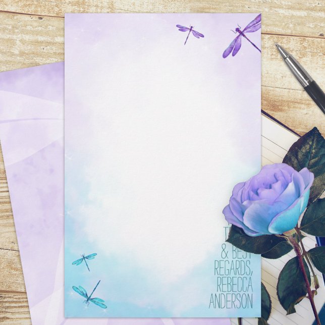 Lila, türkisfarbene Libellen-Stationery (purple turquoise dragonflies dragonfly budget personalized letter writing stationary paper sheets)