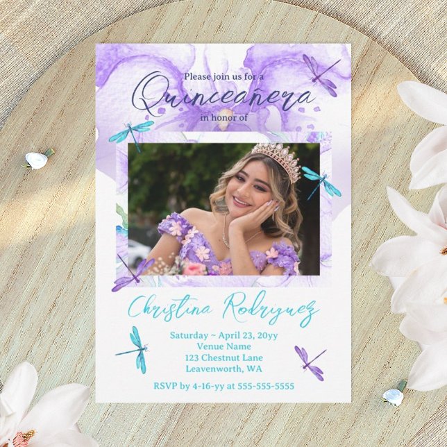 Lila, türkisfarbenes Orchid, Libellen Quinceanera Einladung (dragonflies quinceanera invitation template, purple and turquoise mis quince anos)