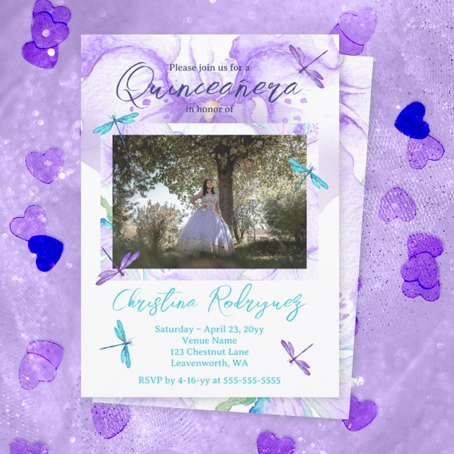 Lila, türkisfarbenes Orchid, Libellen Quinceanera Einladung (Purple quinceanera invitations with purple and turquoise dragonfly, whimsical budget mis quince anos)
