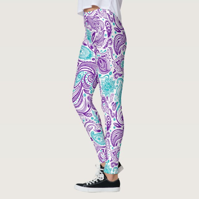 Lila türkisfarbenes und weißes Paisley-Muster Leggings (Links)