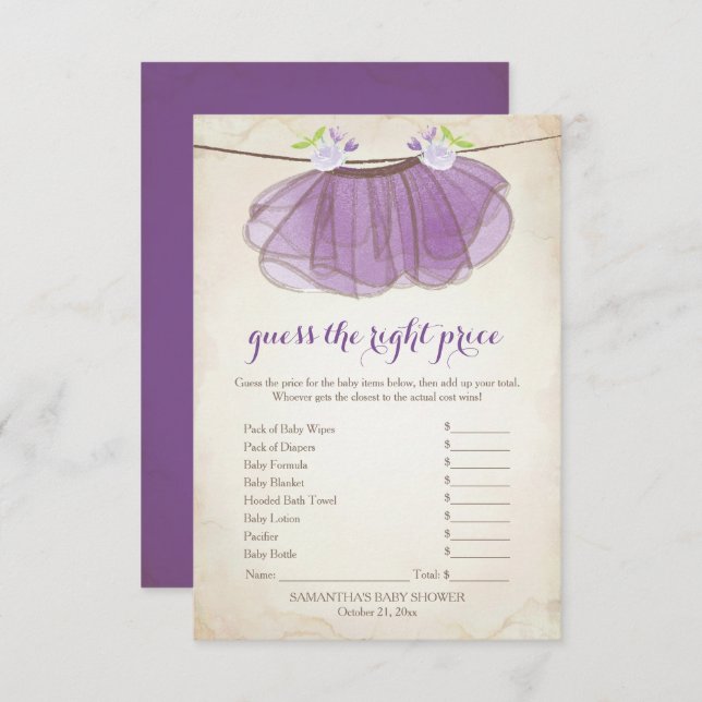 Lila Tutu raten das richtige Preisspiel Einladung (Vorne/Hinten)