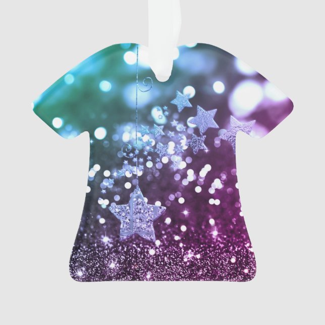 Lila u. blauer Bokeh Imitat-Glitzer u. Sterne Ornament (Vorderseite)