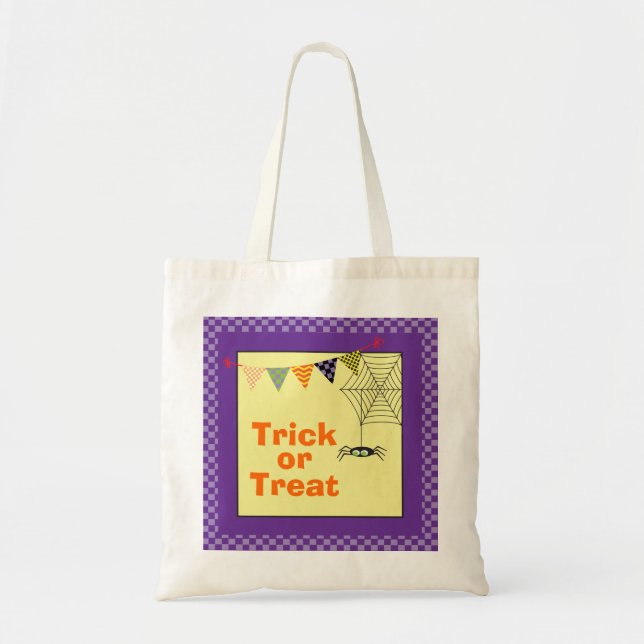 Lila u. gelb mit Spinne Halloween Tragetasche (Vorne)