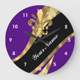 Lila u. gold Fleur de Lys Große Wanduhr