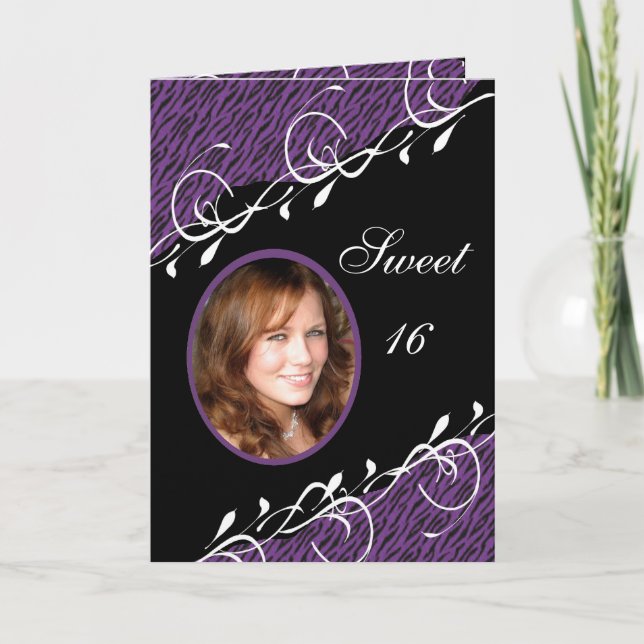 Lila u. schwarzer Zebra-Bonbon 16 Einladung (Vorderseite)