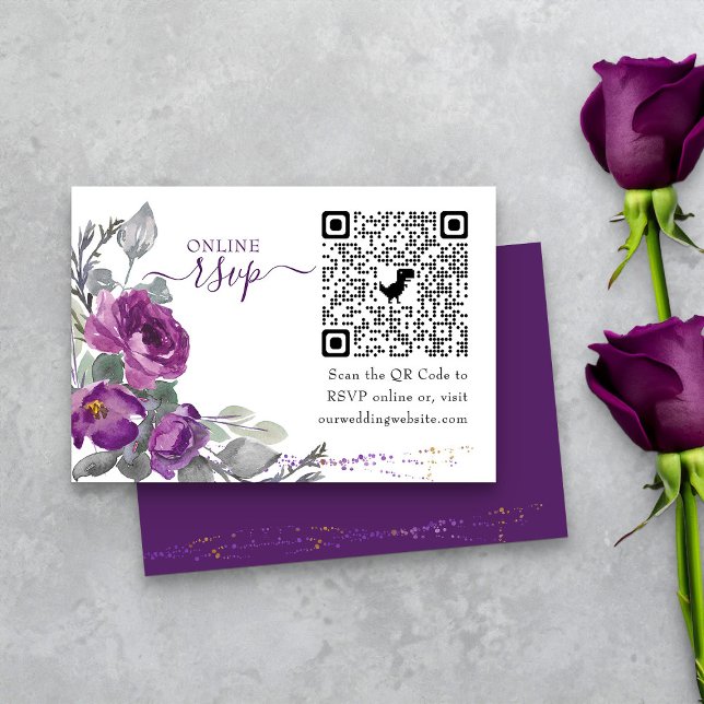 Lila UAWG QR-Code für Hochzeitflorale Begleitkarte (Purple floral online RSVP card with QR Code from my Plush Purple Wedding Collection )