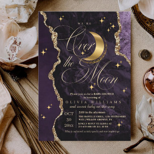 Lila Über den Mond Goldene Sterne Baby Shower Einladung